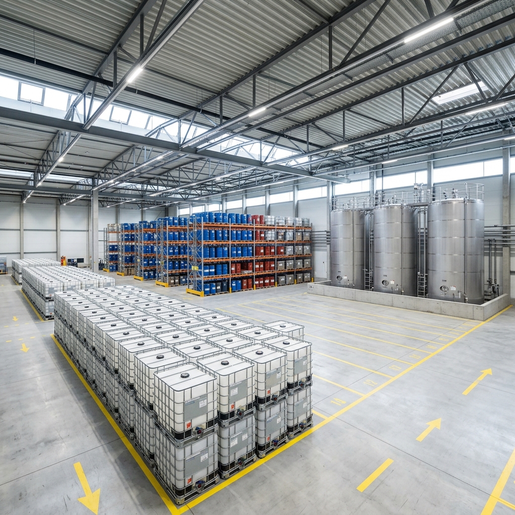 IBC containers, storage racks and large tanks at Müllrose facility